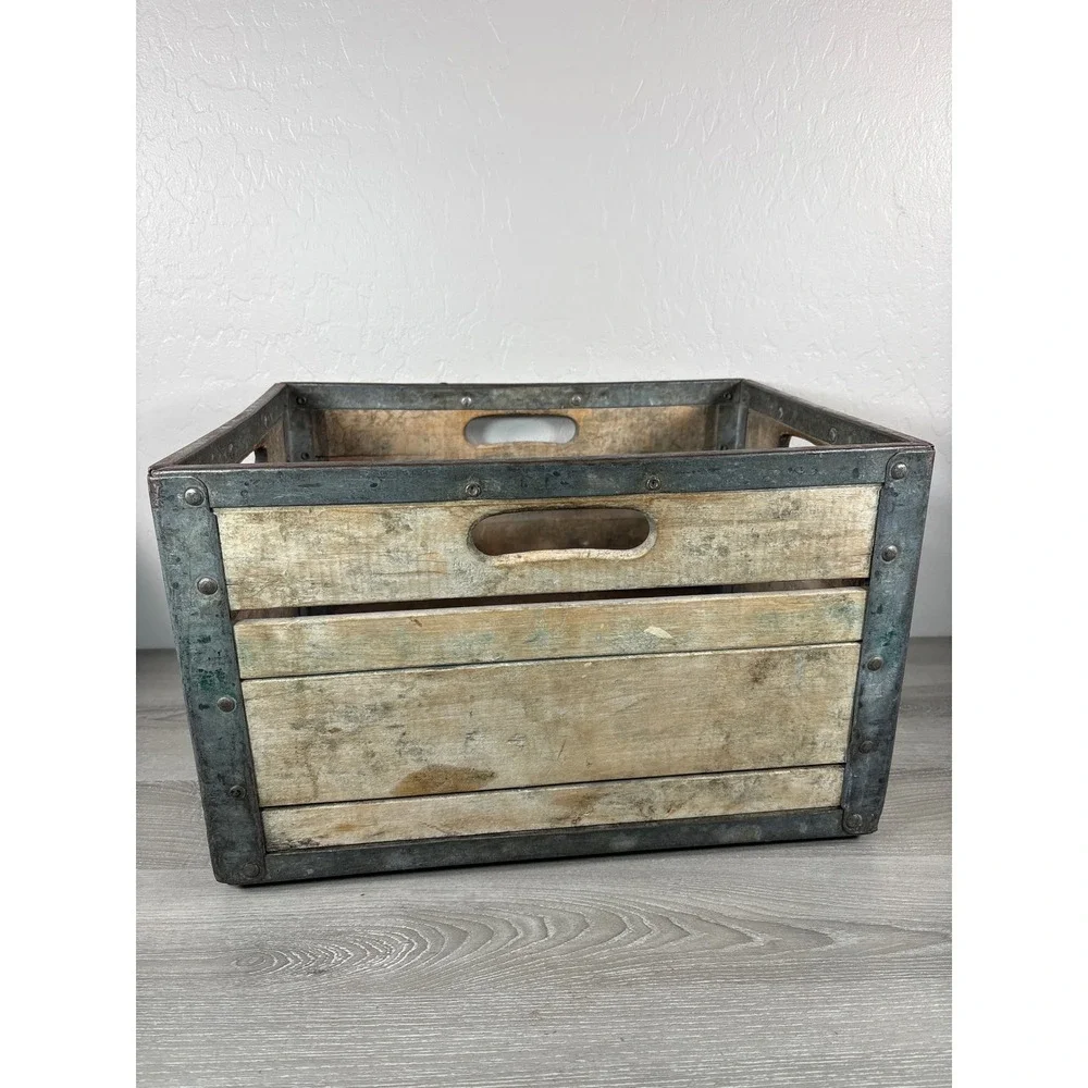 Vintage Roberts Wood Dairy Milk Crate Metal Reinforced Industrial Storage Box